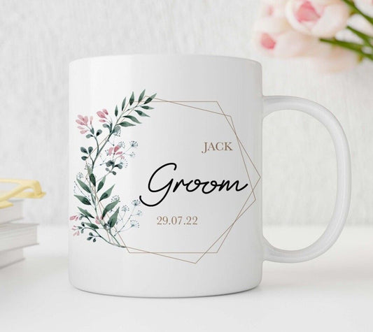 Personalised White mug with floral design and text 'JACK Groom 20.07.22' on a light background