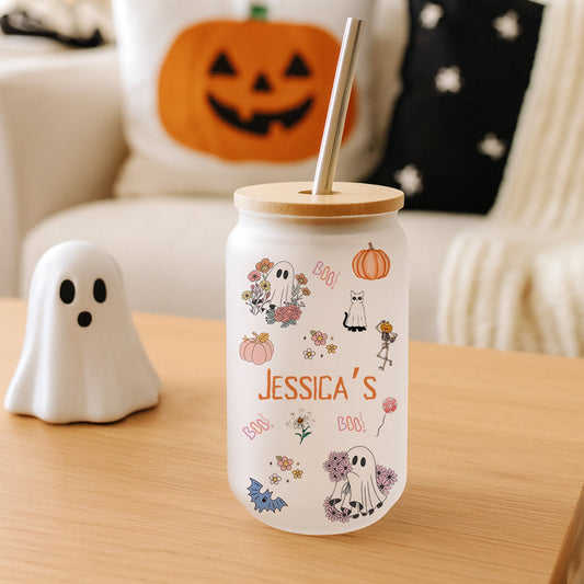 Personalised Halloween-themed tumbler on a table with festive background