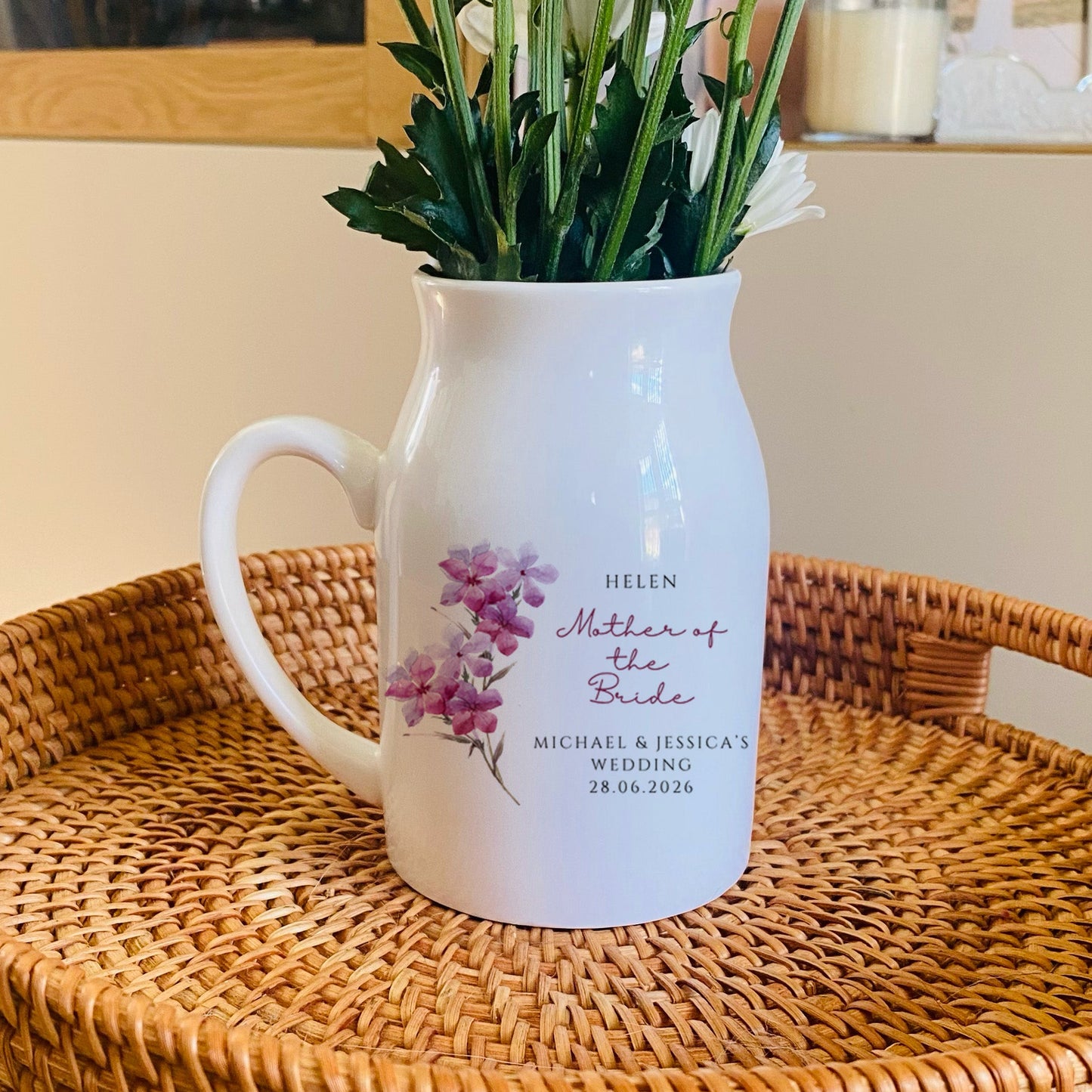 Personalised mother of the bride vase, wedding day keepsake, on a woven tray with white flowers