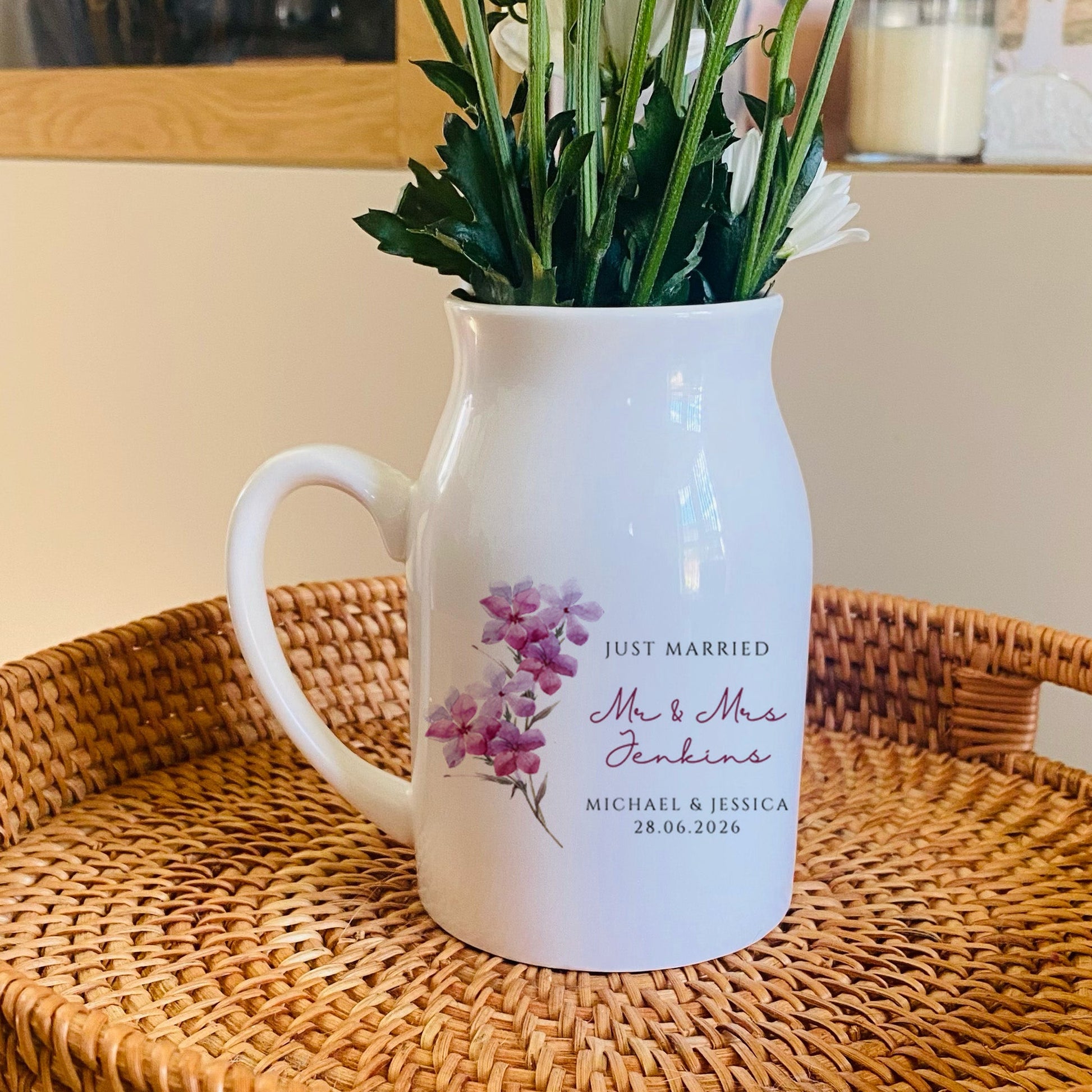 Personalised Just Married Vase on a woven pitcher