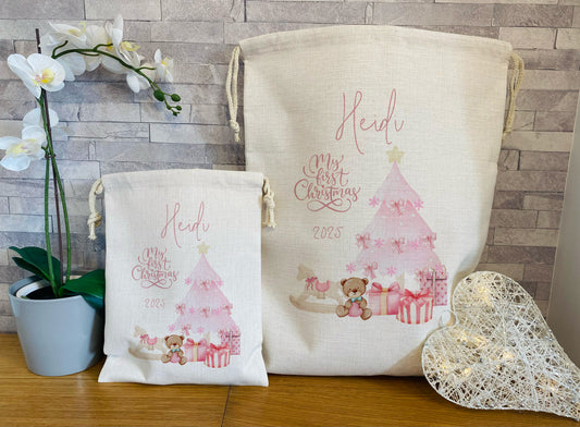 My First Christmas Santa Sack - Personalised Christmas Sack - Christmas Eve Bag - Baby Girl Toy Sack
