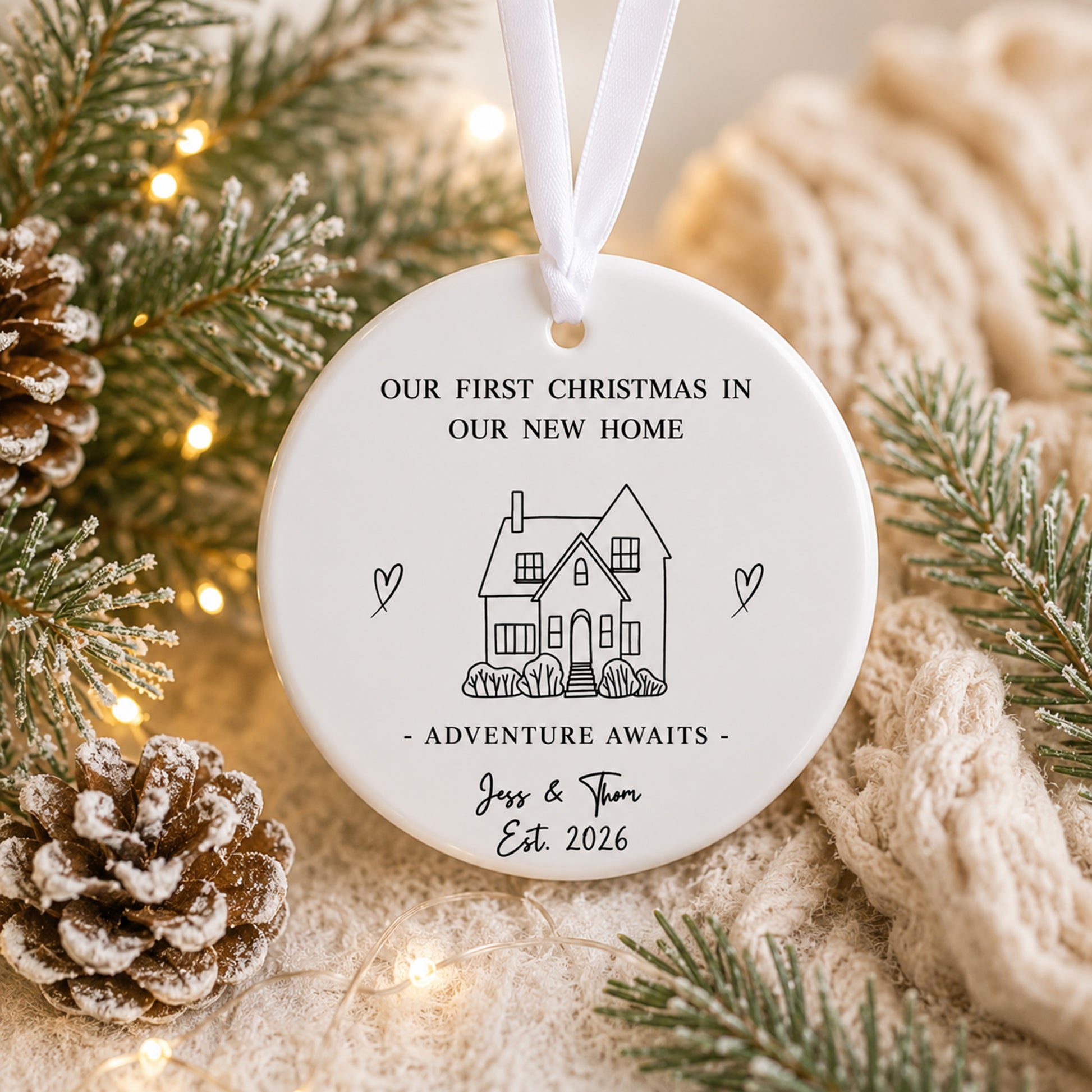 A round white ceramic Christmas ornament with a white hanging ribbon, featuring a black line drawing of a house and the personalized text 'OUR FIRST CHRISTMAS IN OUR NEW HOME - ADVENTURE AWAITS - Jess & Tom Est. 2026'.