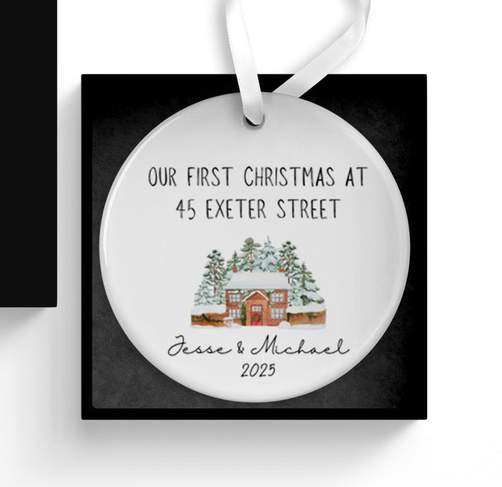 Personalised Christmas ornament with house illustration and text on a white background