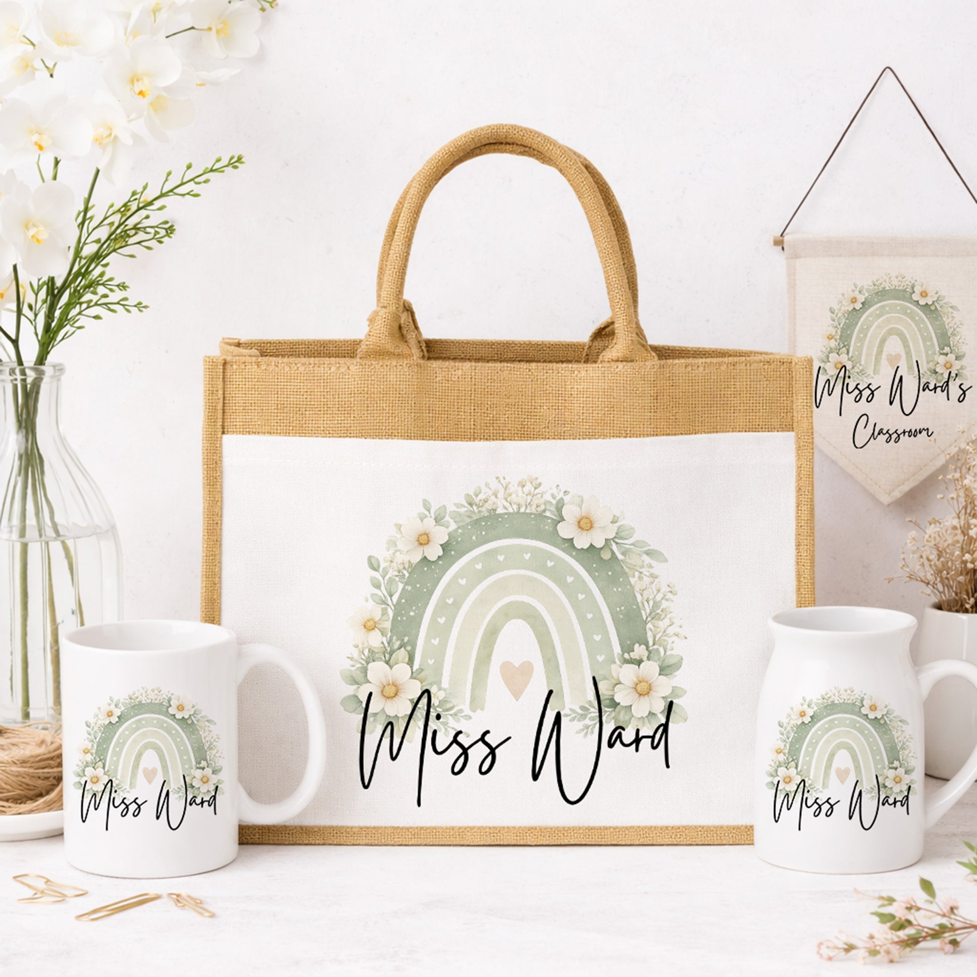 Decorative items including a tote bag, mugs, and a wall hanging with 'Miss Ward' branding.