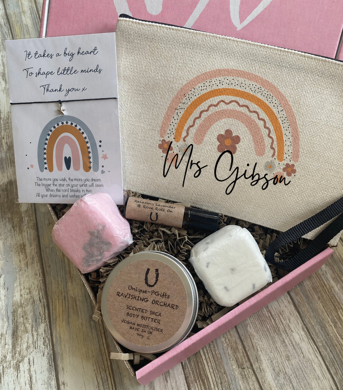 Personalised teacher hamper including pencil case, wish bracelet, lavender roll on, shower steamers and shea butter