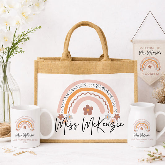 Personalised Teacher Gift Set – Jute Tote Bag, Mug, Classroom Sign and Flower Vase – End of Term Thank You Present, Graduation Gift, New TA