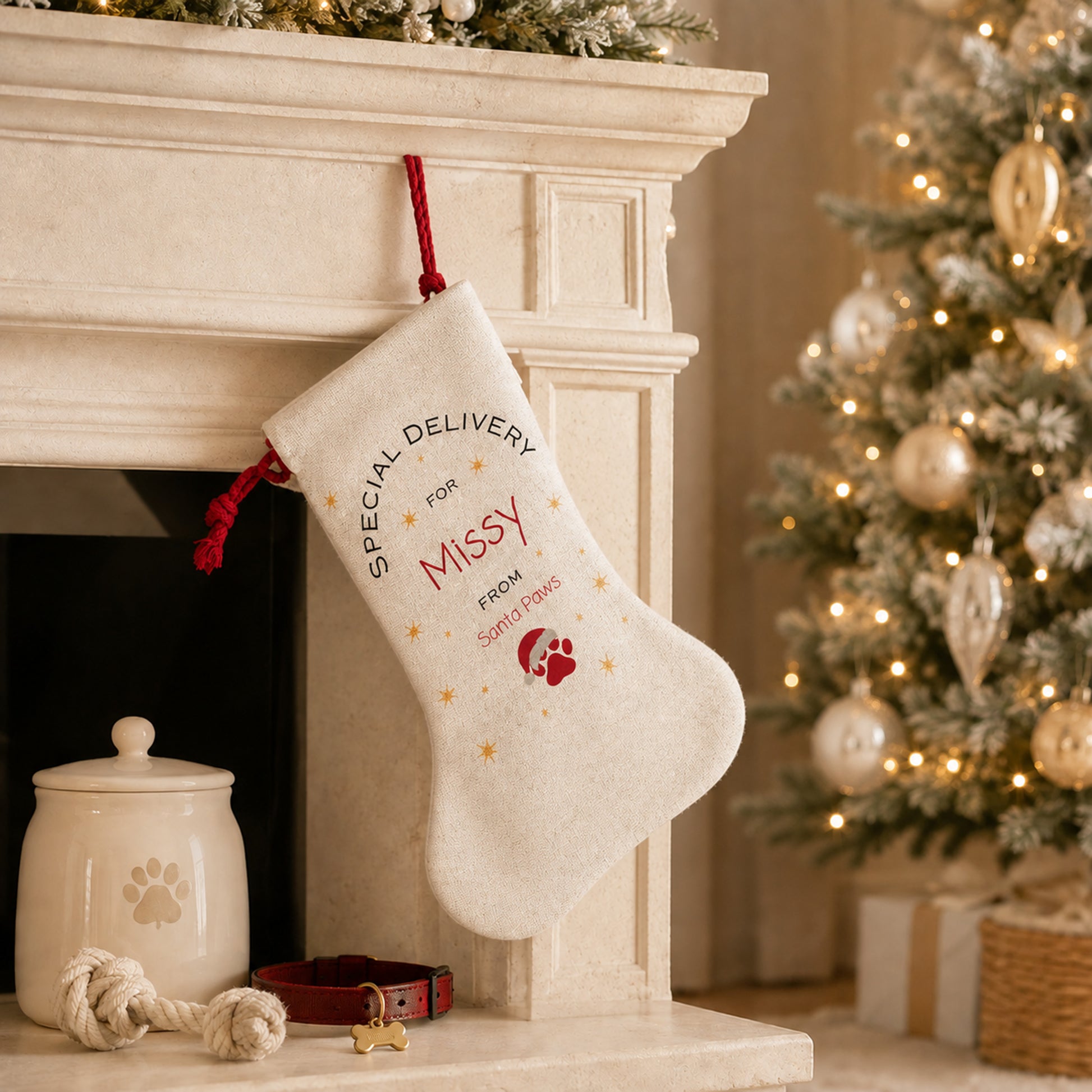 A cream-colored felt Christmas stocking for pets hangs from a white fireplace mantel. The stocking is personalized with the text 'SPECIAL DELIVERY FOR Missy FROM Sub-Tropicals' in red and black, decorated with small gold stars and a red paw print.