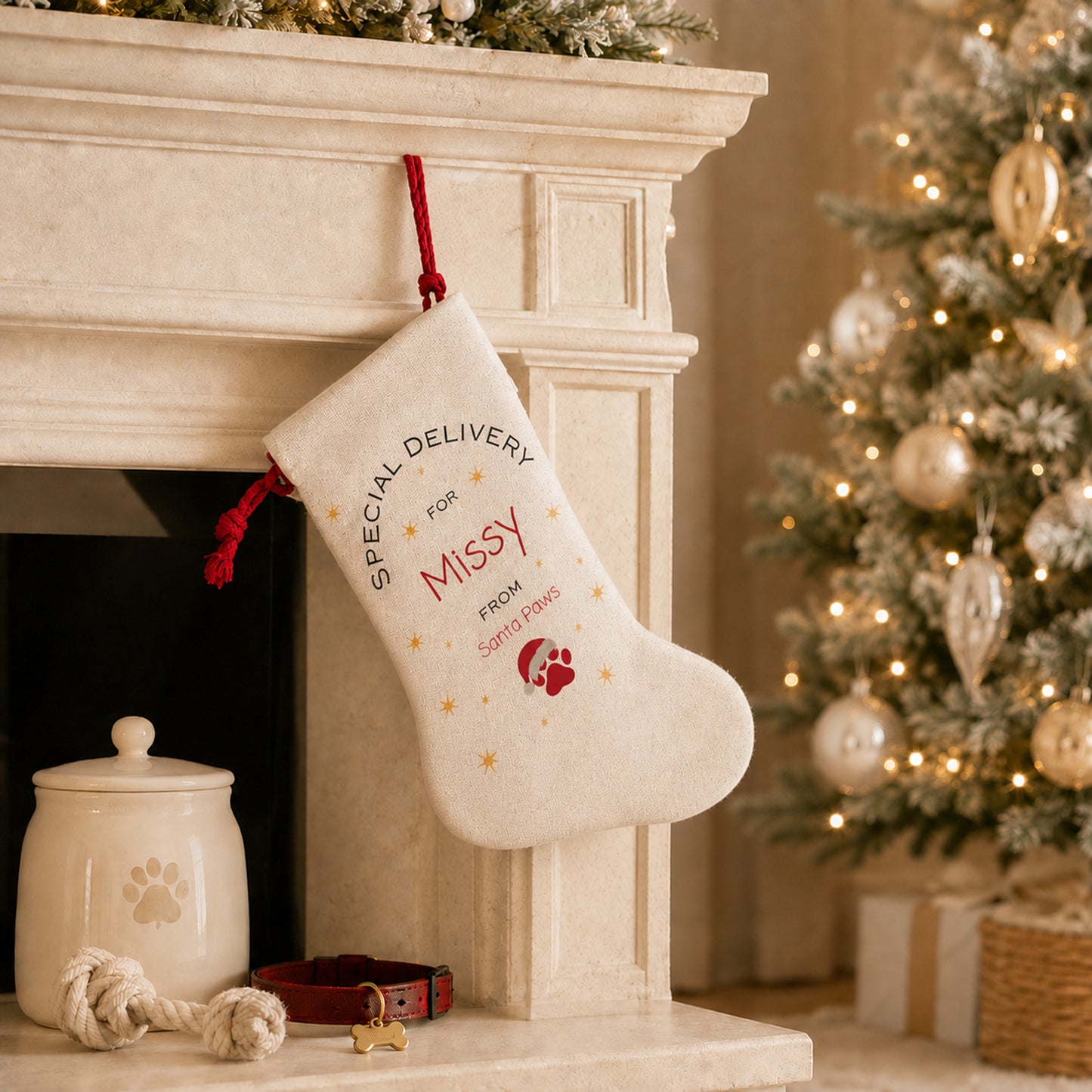 A cream-colored personalized Christmas stocking for pets hangs from a white fireplace mantel. The stocking features red tassels, gold embroidered stars, and red and black text reading 'SPECIAL DELIVERY FOR Missy FROM Santa Stars' alongside a small red paw print.