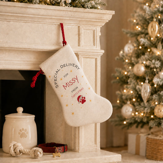 A cream-colored personalized Christmas stocking for pets hangs from a white fireplace mantel. The stocking features red tassels, gold embroidered stars, and red and black text reading 'SPECIAL DELIVERY FOR Missy FROM Santa Stars' alongside a small red paw print.
