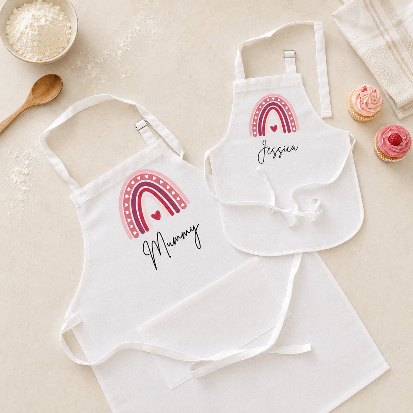 Personalised Mother Daughter Aprons - Pink Rainbow Aprons - Design Available In 3 Sizes