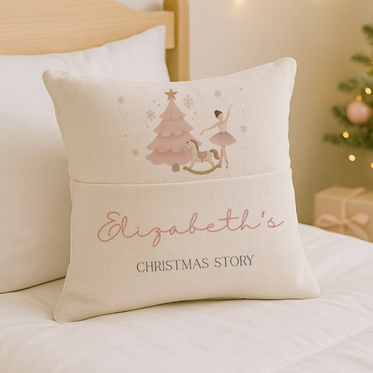 Decorative pillow with a Christmas design and text on a bed with a festive background