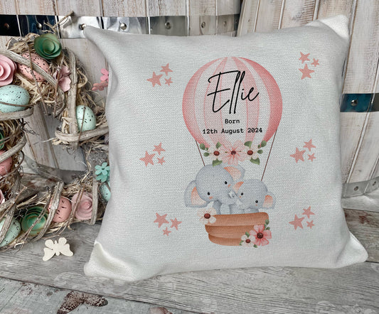 Personalised New Baby Gifts - Nursery Cushion - Hot Air Balloon Baby Elephant Theme