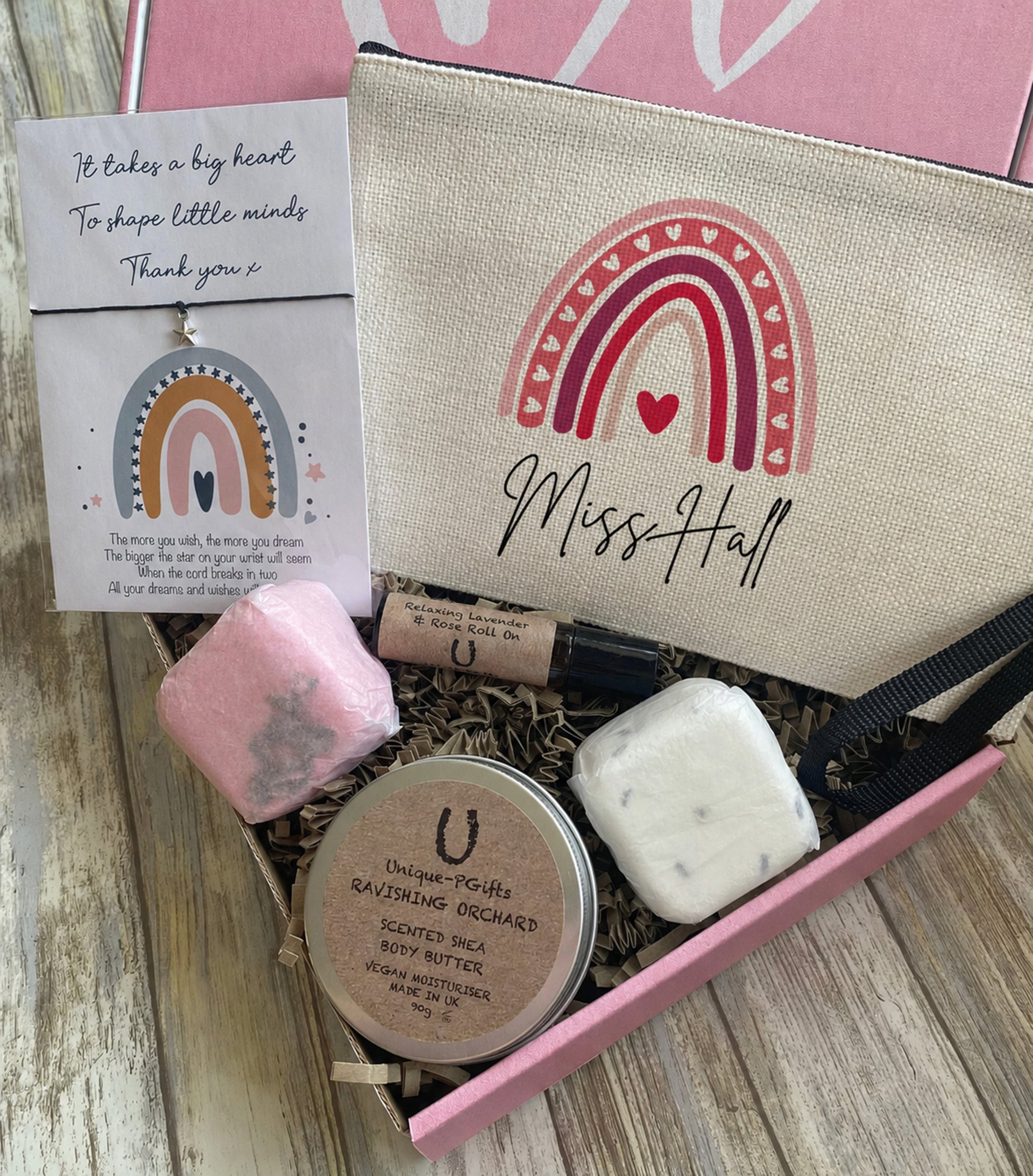 Personalised teacher hamper including pencil case, wish bracelet, lavender roll on, shower steamers and shea butter
