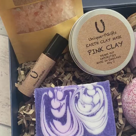 Self care box with Soap, Roll On, Salts, Pink Clay, Bath Bomb and Candle