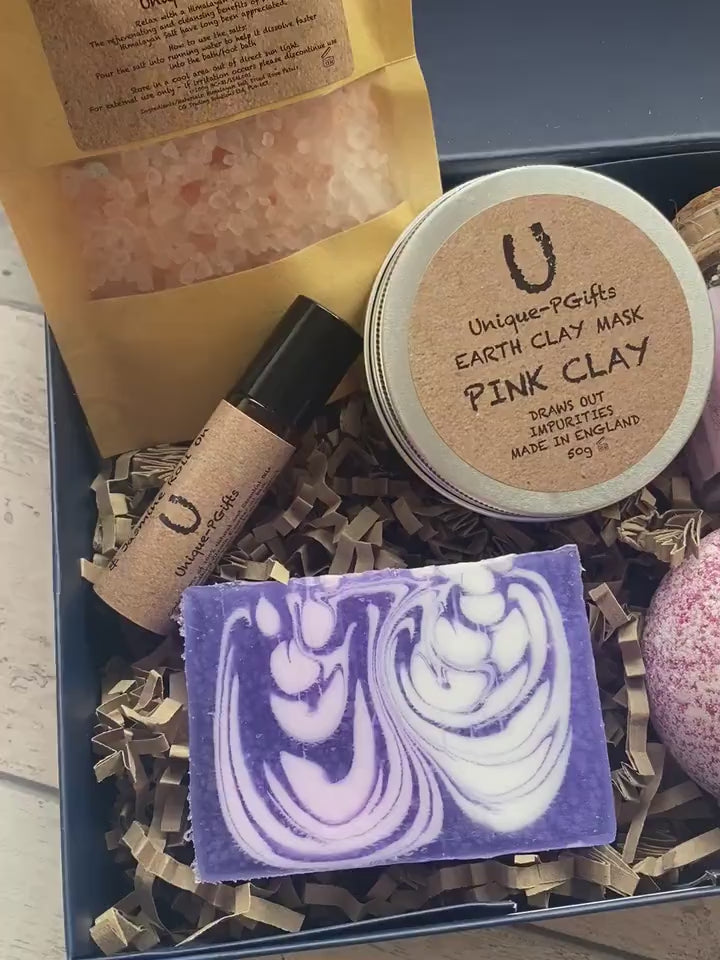 Self care box with Soap, Roll On, Salts, Pink Clay, Bath Bomb and Candle