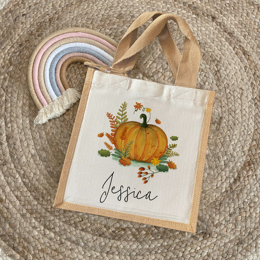 Personalised Autumn Tote Bag, Small Jute Bag, Personalised Lunch Bag, Autumn Decor, Pumpkin Gifts, Pumpkin Bag
