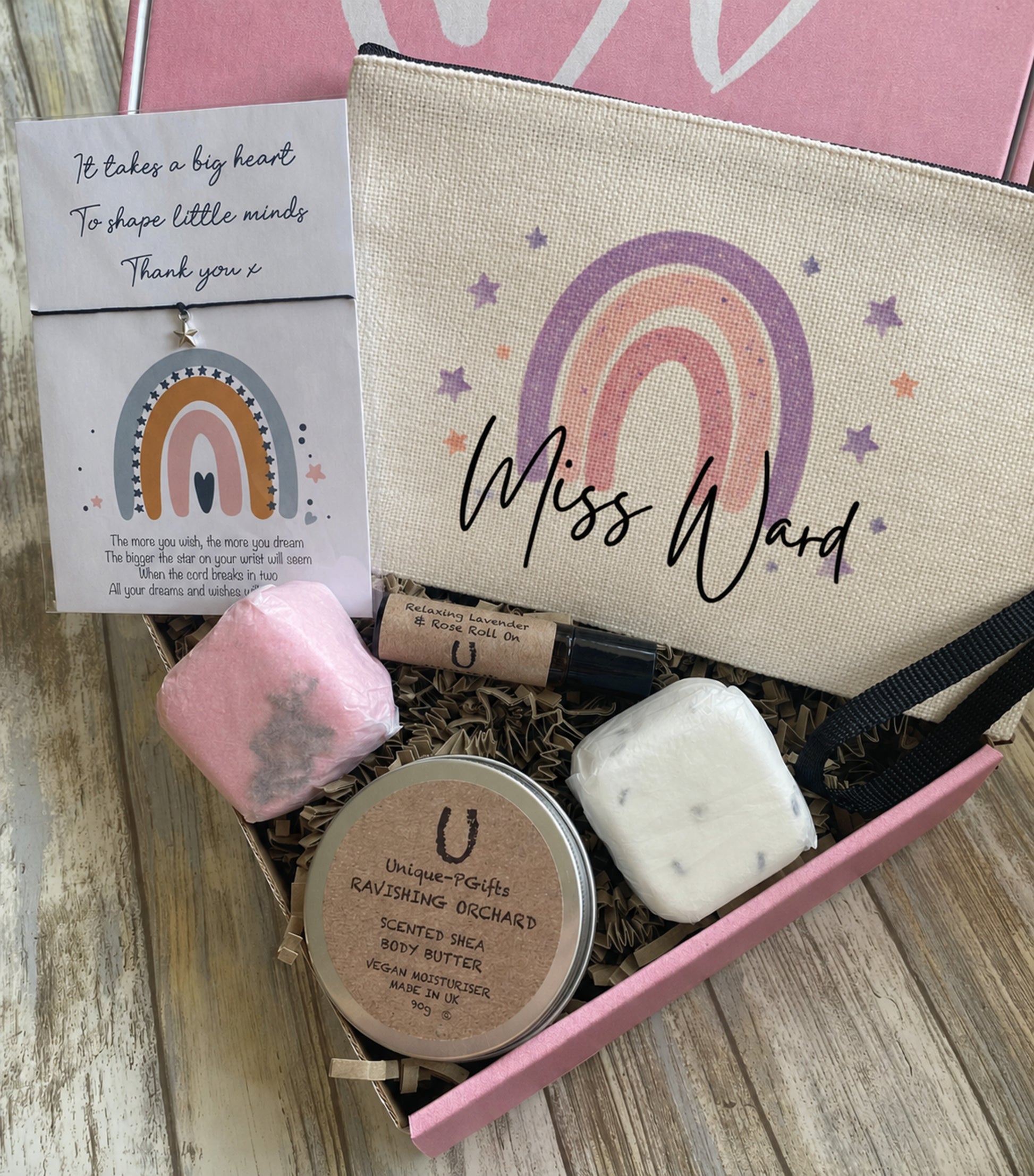 Personalised teacher hamper including pencil case, wish bracelet, lavender roll on, shower steamers and shea butter