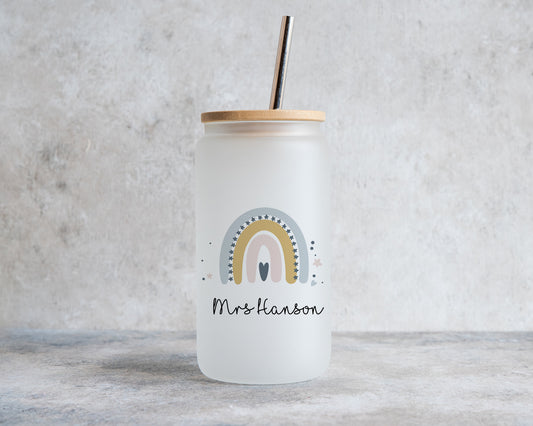 Personalised Teacher Mug, Teacher Gifts, Frosted Glass Iced Coffee Cup With Straw, Thank You Gifts