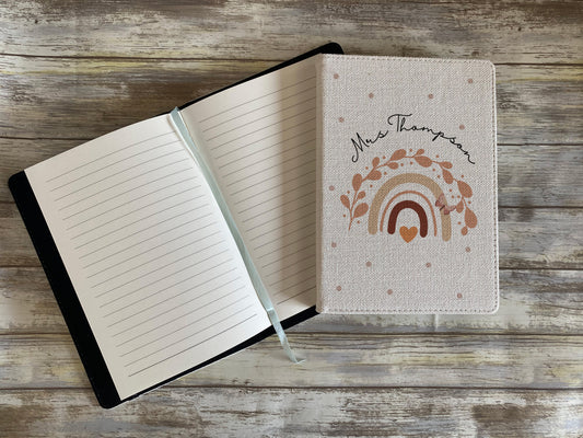 Open notebook with decorative bohemian cover on a wooden surface