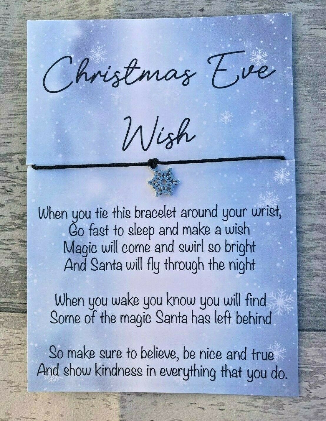 Christmas Eve Wish bracelet with text on a blue background
