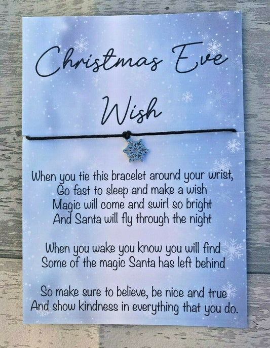 Christmas Eve Wish bracelet with text on a blue background