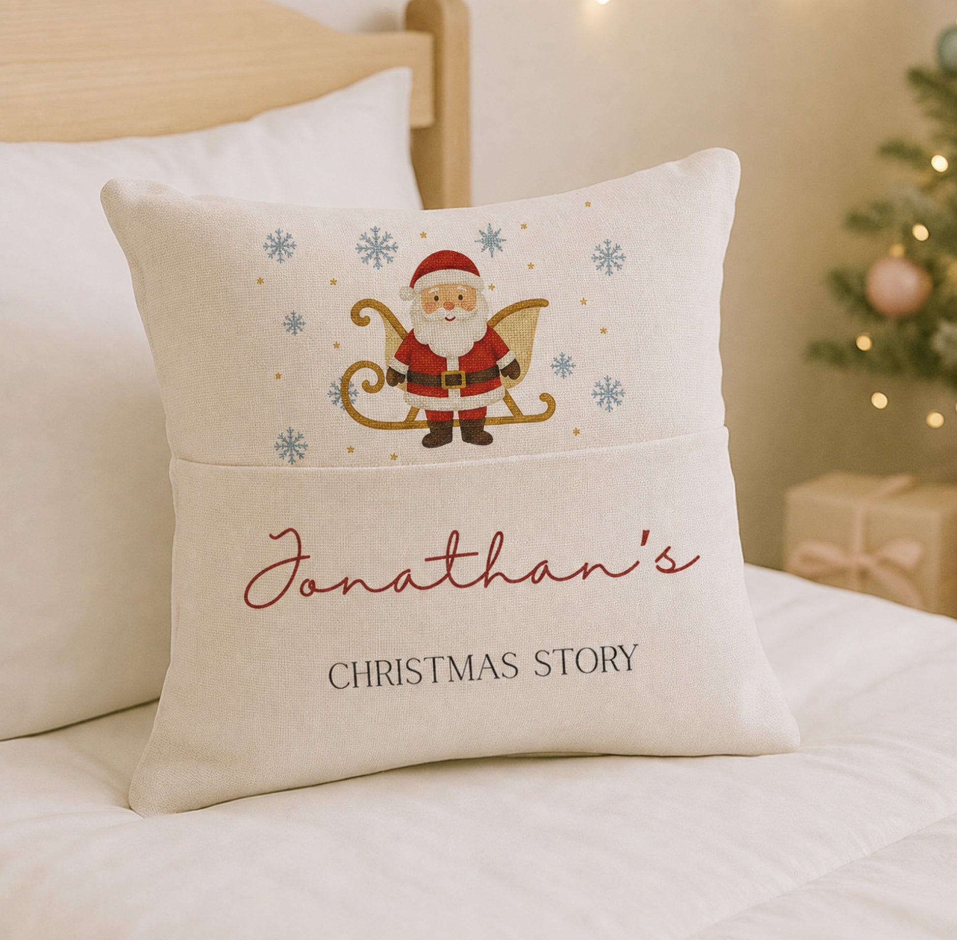 A personalized cream-colored Christmas throw pillow on a bed, featuring a Santa Claus in a sleigh, blue snowflakes, and the text 'Jonathan's CHRISTMAS STORY'.