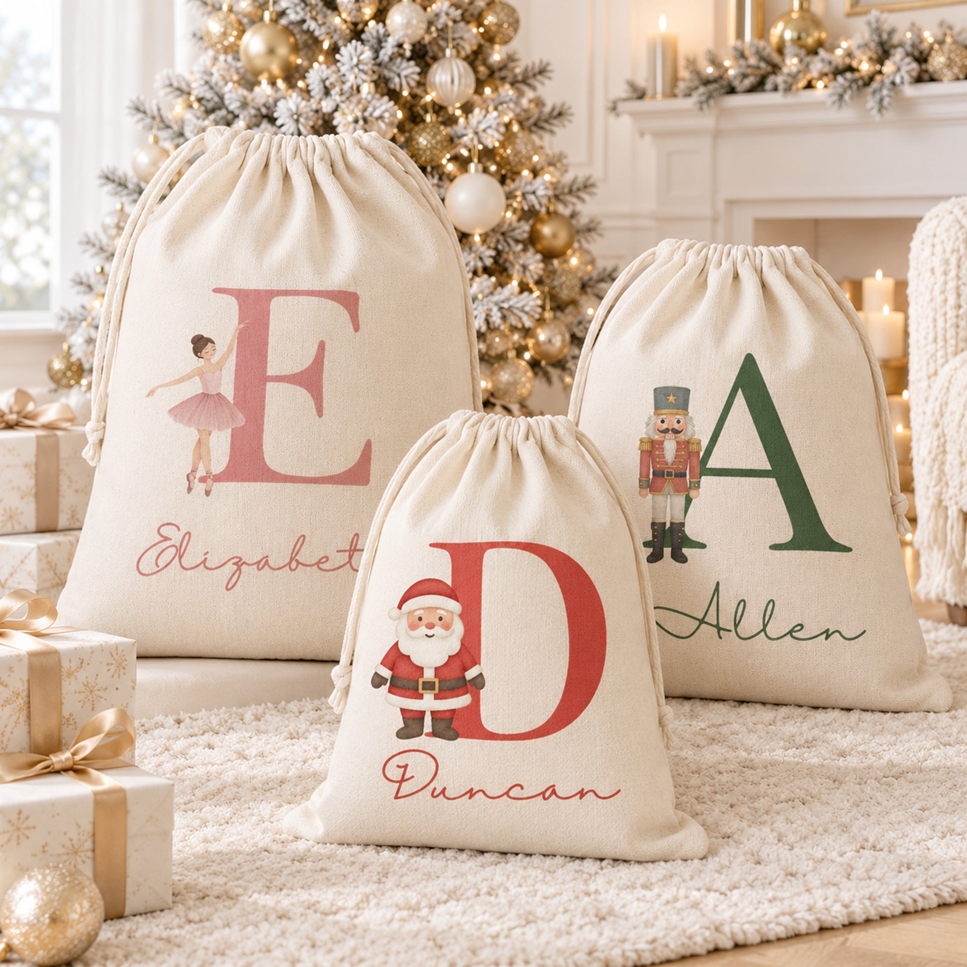 Three personalized Christmas drawstring gift bags displayed on a white rug in front of a decorated Christmas tree and fireplace. The bags are made of a textured cream linen fabric and feature large personalized letters and names with holiday-themed illustrations: a ballerina with the name Elizabeth, a Santa Claus figure with the name Duncan, and a nutcracker with the name Allen.