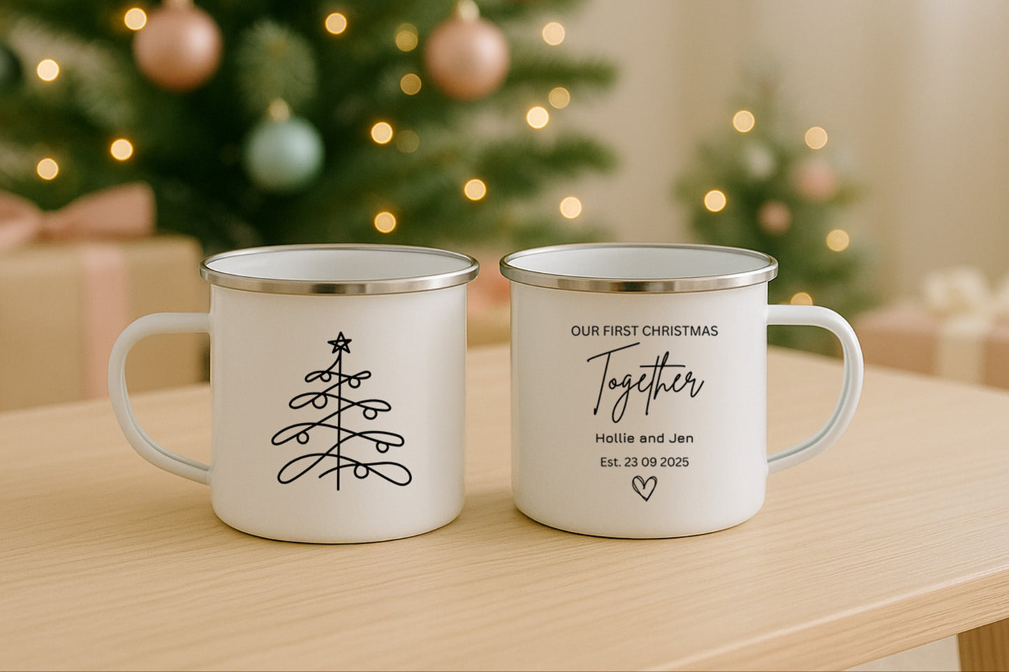 Personalised enamel camping mugs with a Christmas Motif. On the other side of the mug is the phrase 'Our first christmas together'
