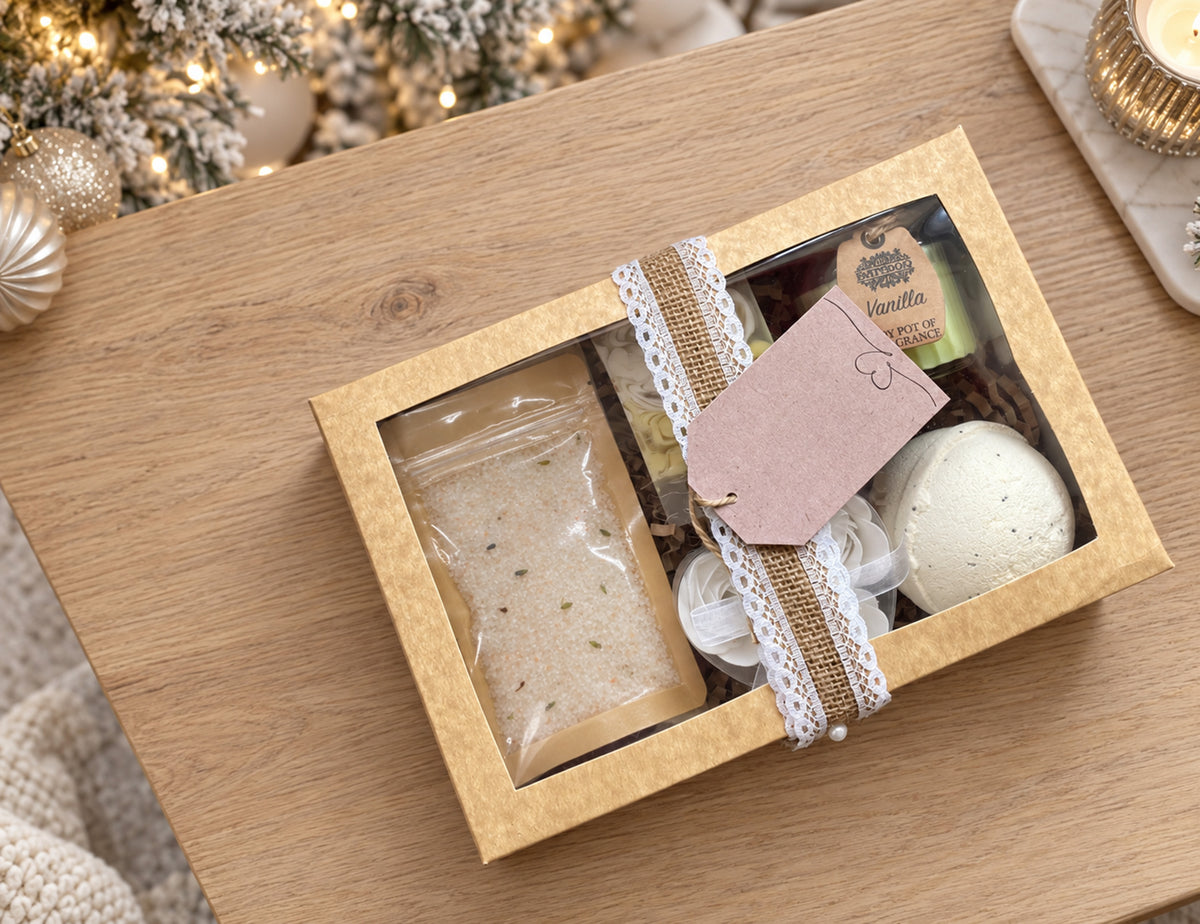 A Vanilla Bath Bomb Hamper with Vanilla Soap, Candle and Bath Salts
