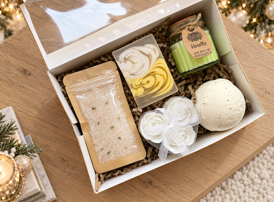 A Vanilla Bath Bomb Hamper with Vanilla Soap, Candle and Bath Salts