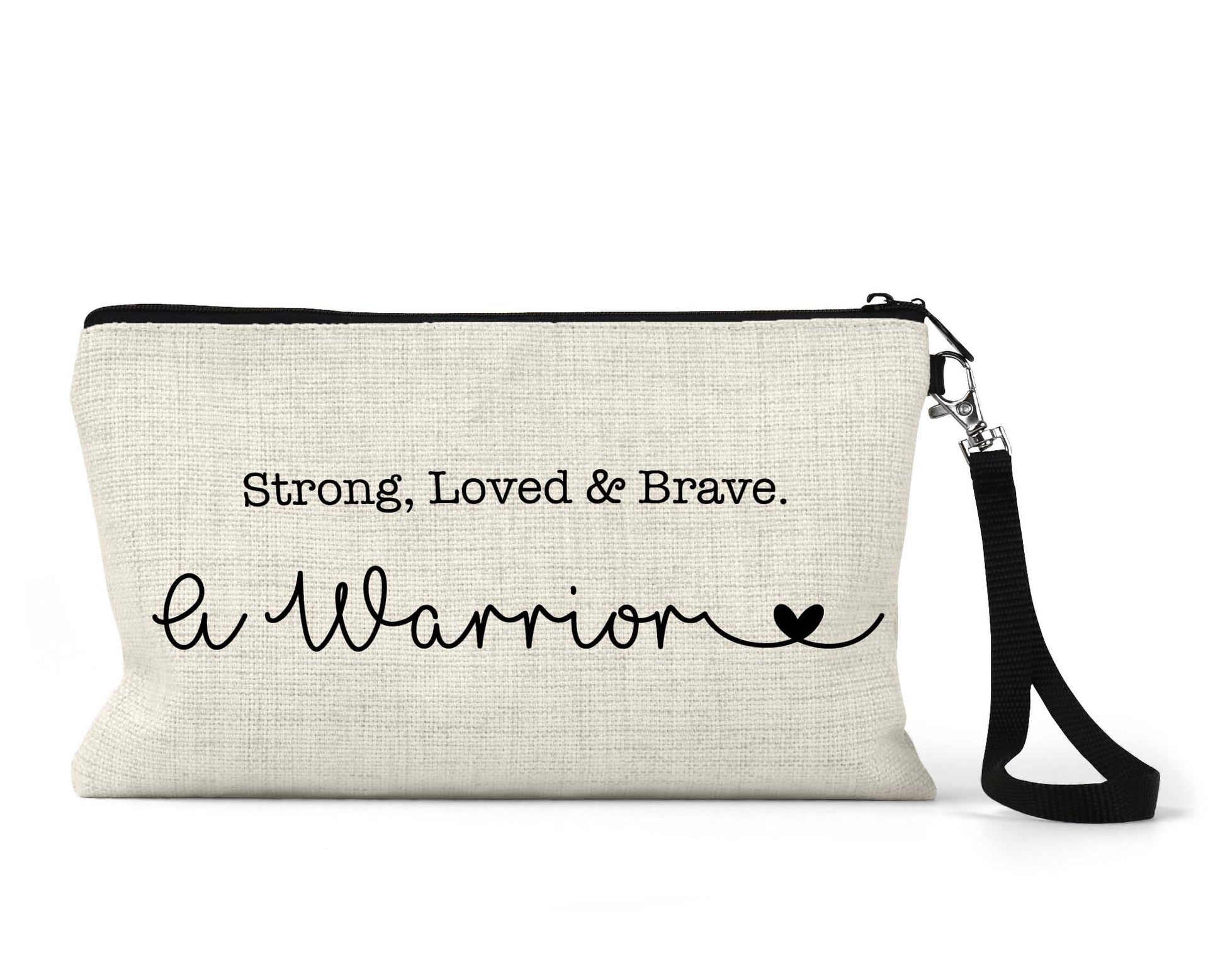 Beige pouch with 'Strong, Loved & Brave. A Warrior' text on a white background