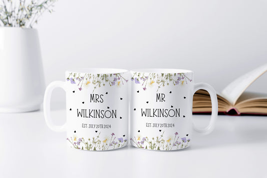 Personalised Wedding Gift, Mr and Mrs Mug Mugs, Couple Gifts, Anniversary Gift, Wedding Gift For Friends, Wild Flower Wedding