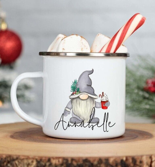White mug with a gnome design and the name 'Annabelle', filled with hot chocolate and marshmallows.