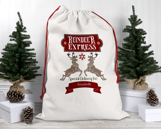 Personalised Christmas Reindeer Santa Sack Xmas Stocking Bag Present large or small