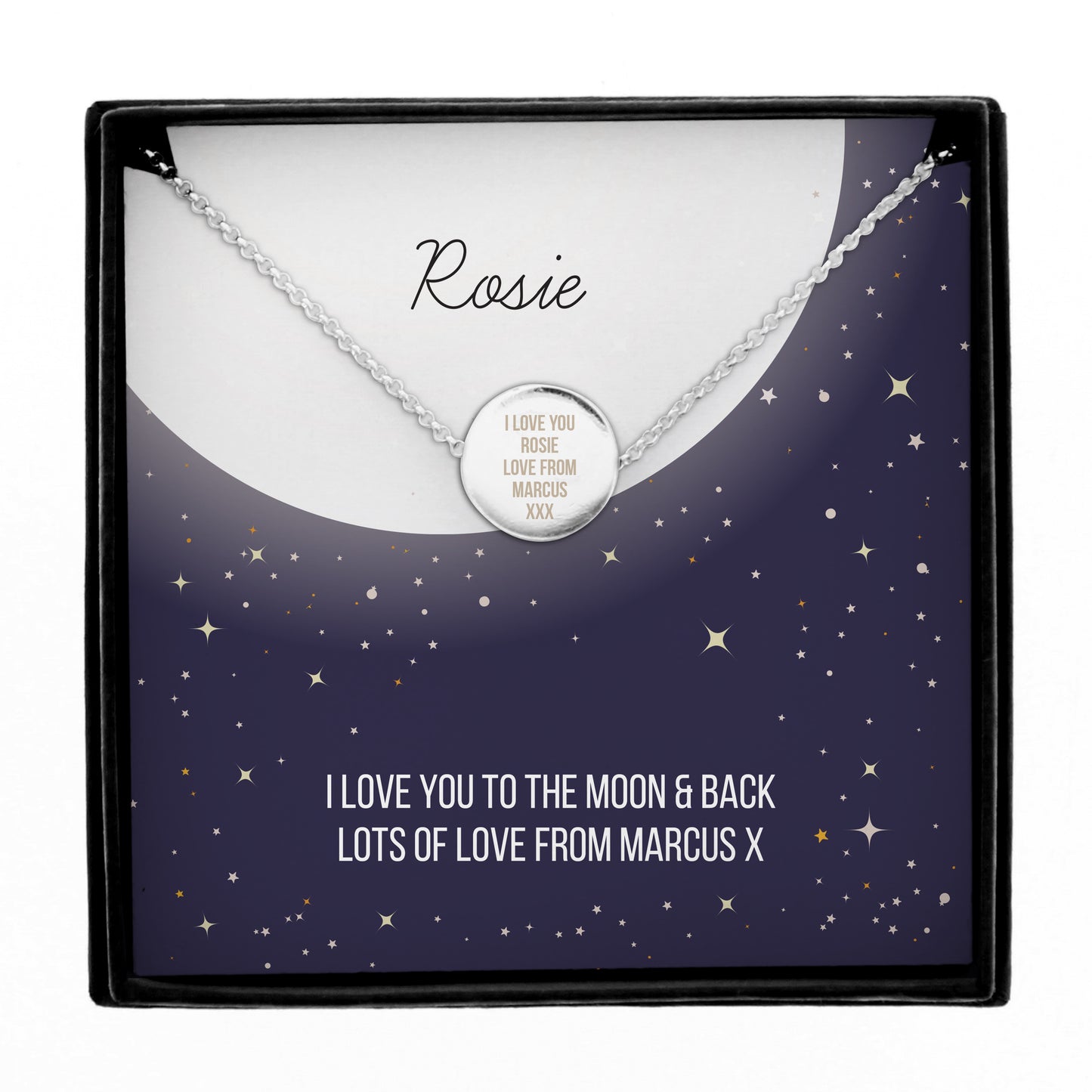 Personalised Sentiment Moon & Stars Sterling Silver Necklace and Box