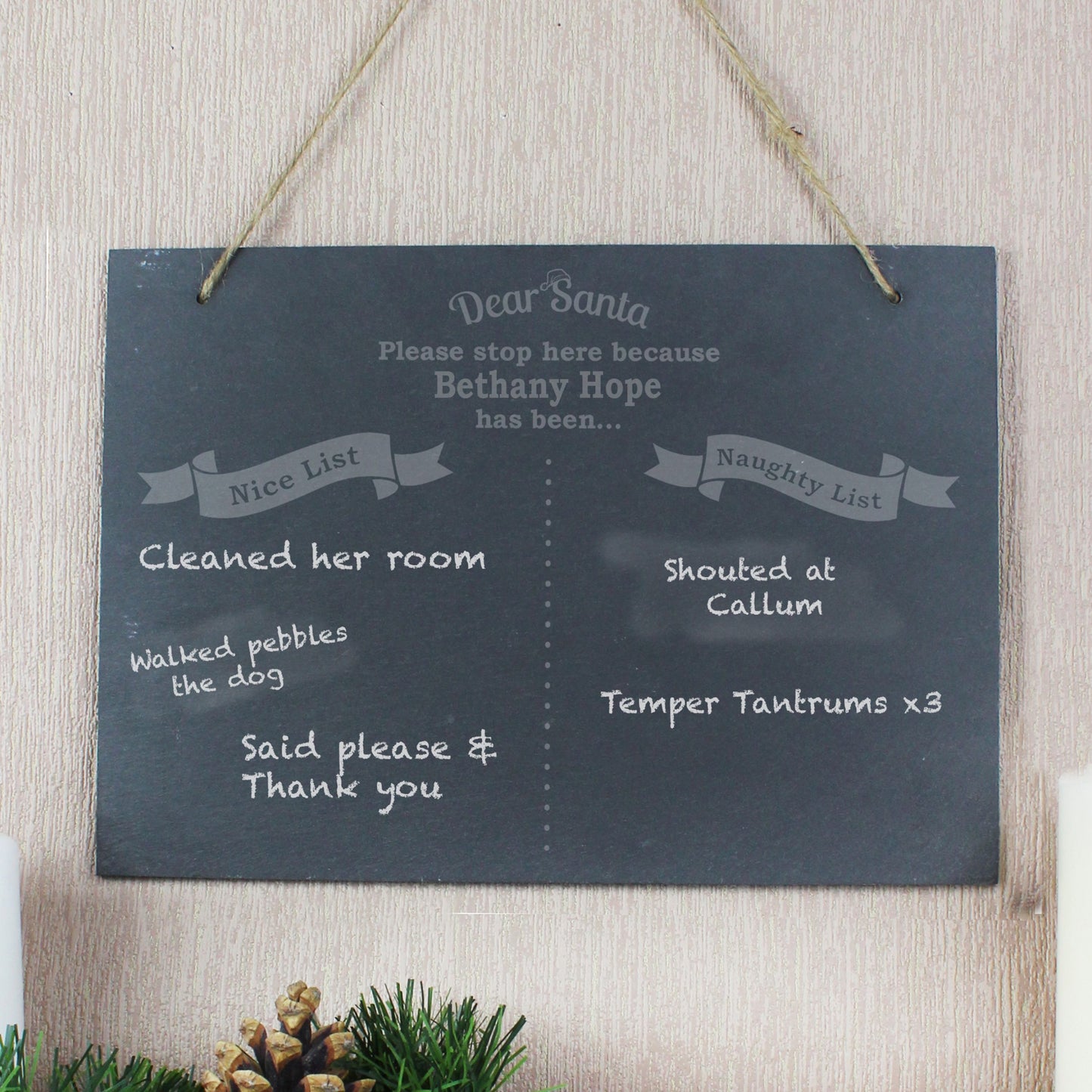 Personalised Christmas Naughty & Nice Hanging Large Slate Sign