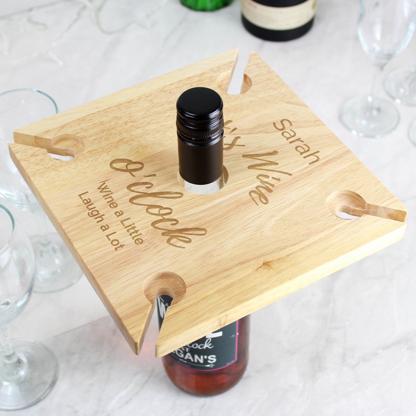 Personalised Wine O'clock Four Wine Glass Holder & Bottle Butler