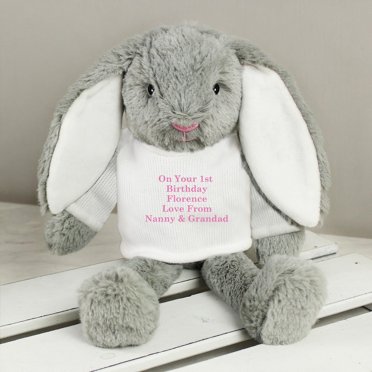 Personalised Message Bunny Rabbit In Cream Jumper - Pink Embroidery