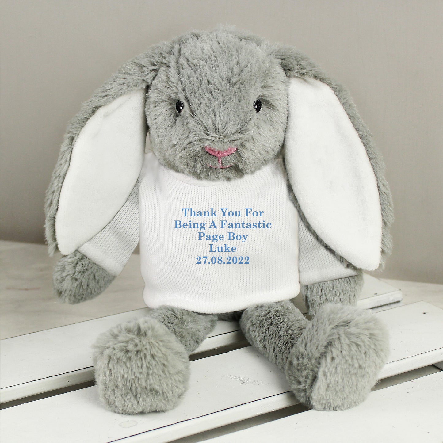 Personalised Message Bunny Rabbit In Cream Jumper - Blue Embroidery