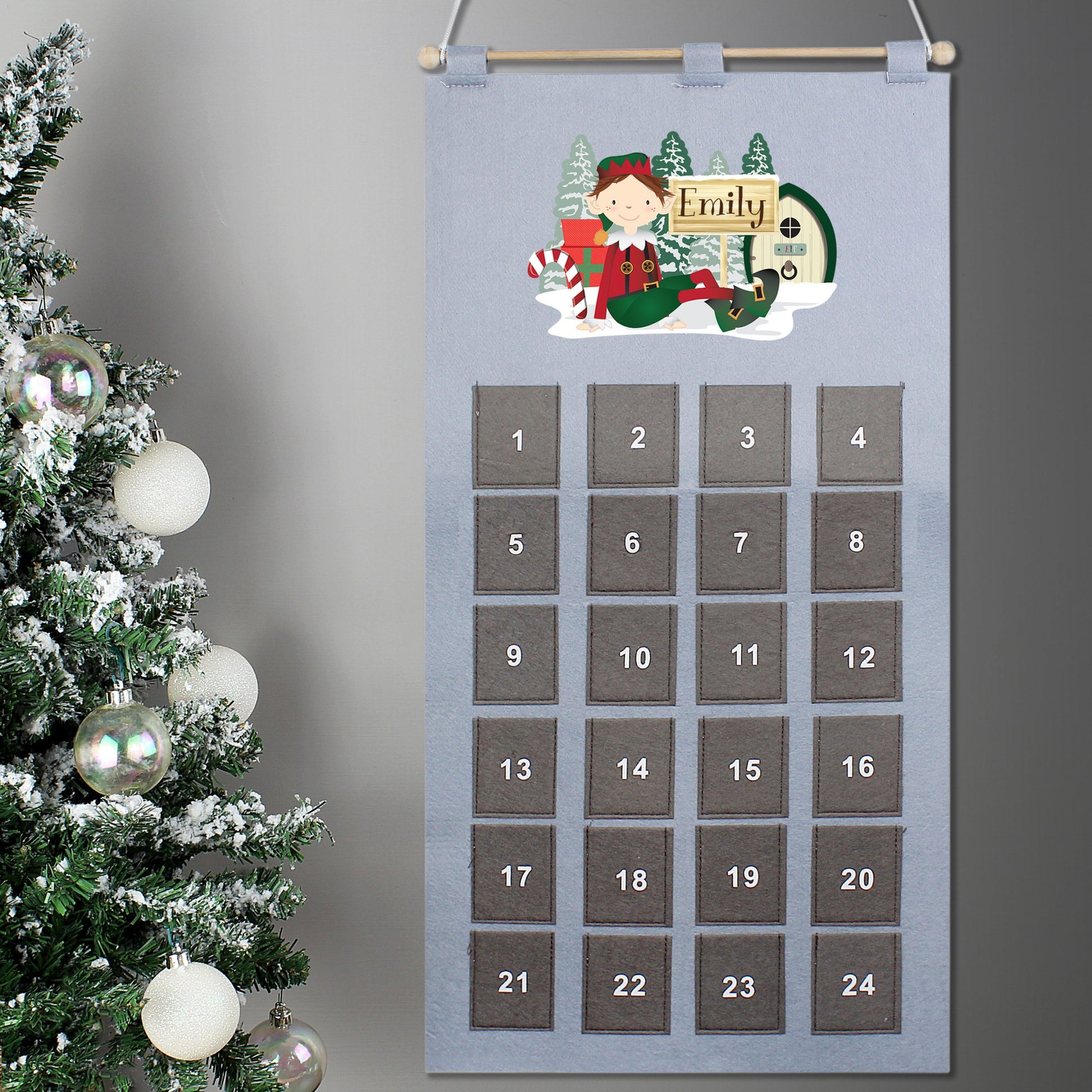 Personalised Elf Advent Calendar In Silver Grey