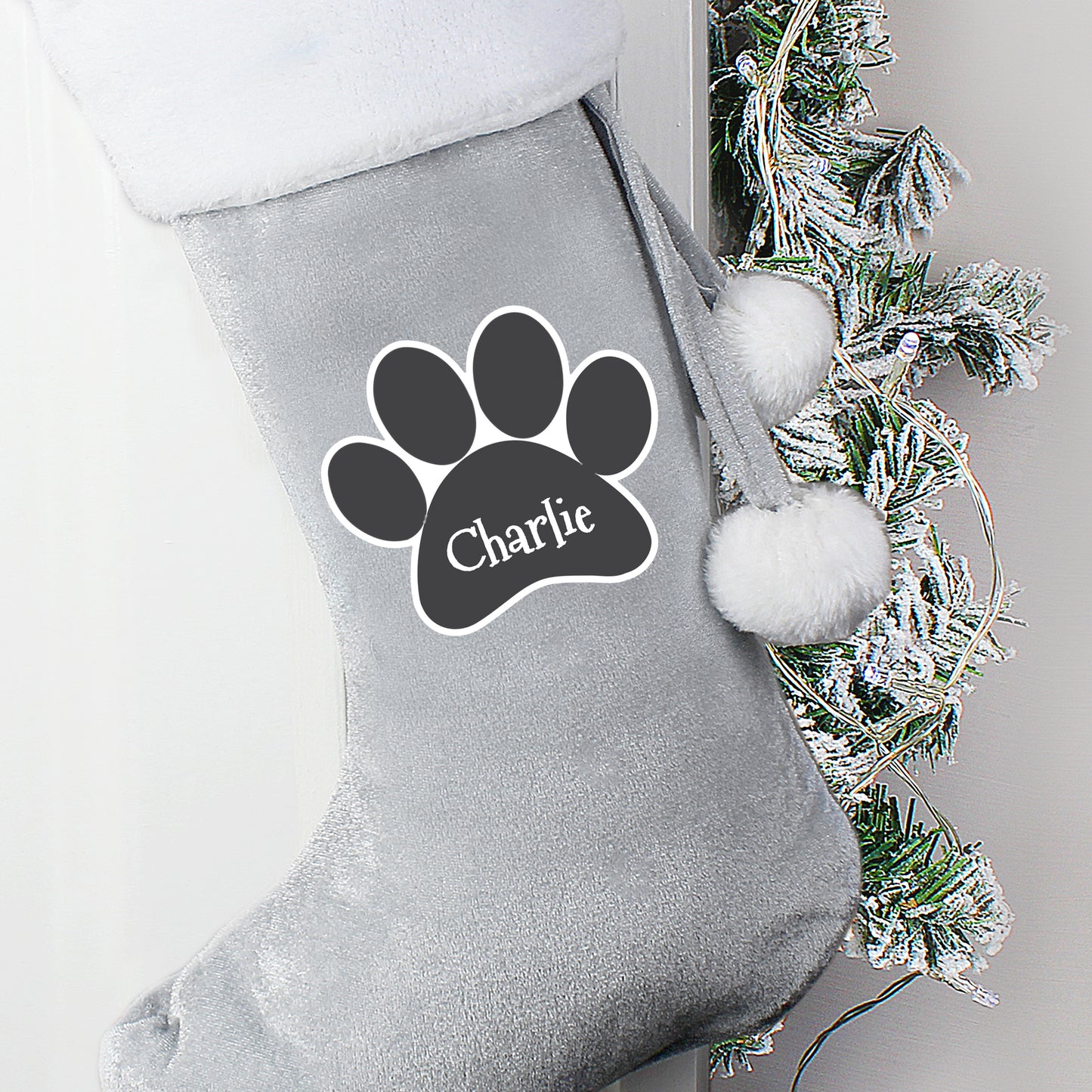 Personalised Paw Print Silver Grey Stocking