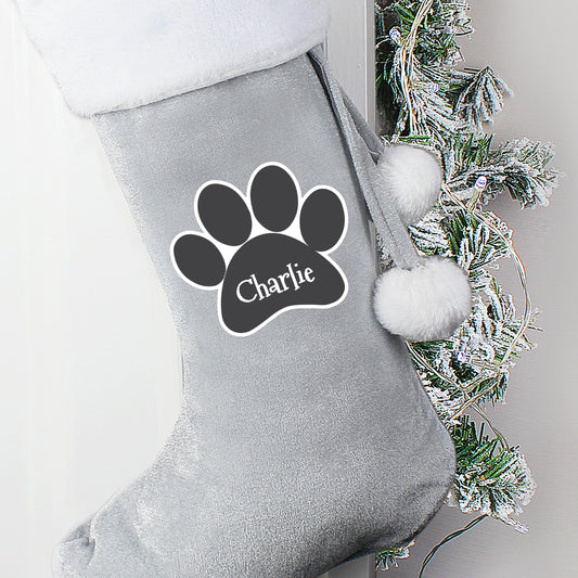 Personalised Paw Print Silver Grey Stocking