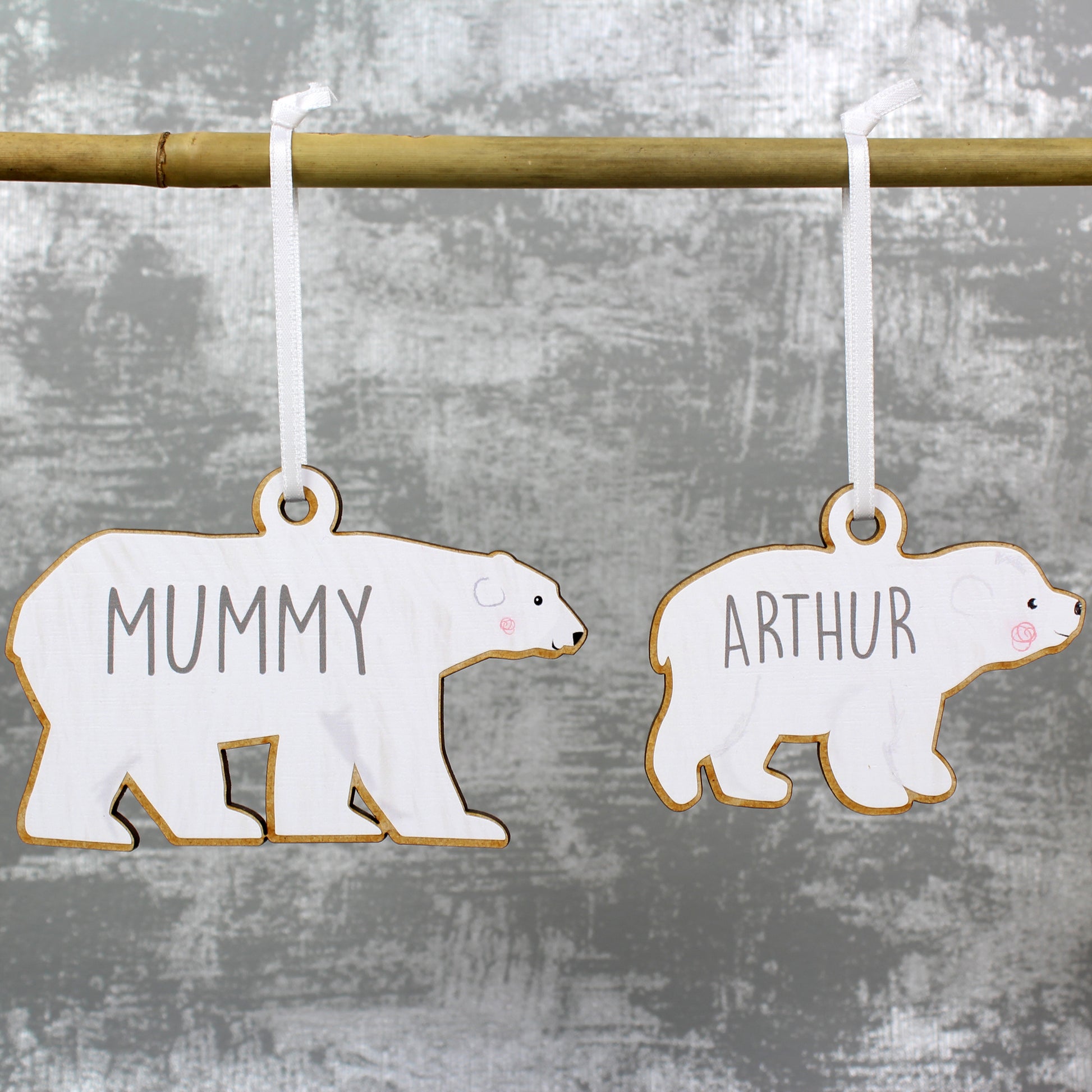 Personalised Set of Four Polar Bear Family Wooden Hanging Decorations