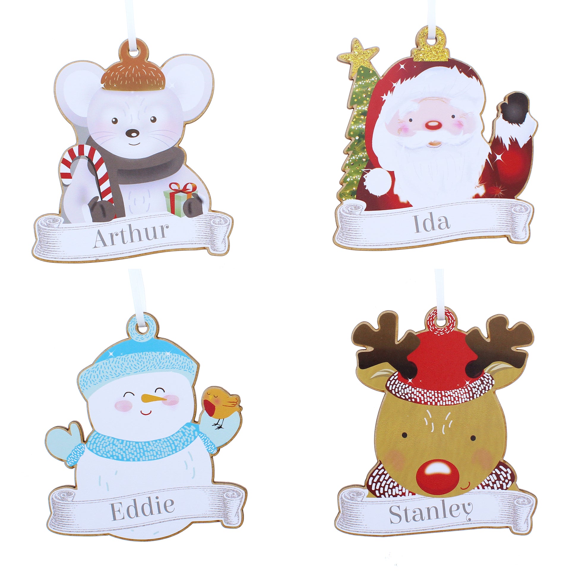 Personalised Set of Four Colourful Christmas Characters Wooden Hanging Decorations