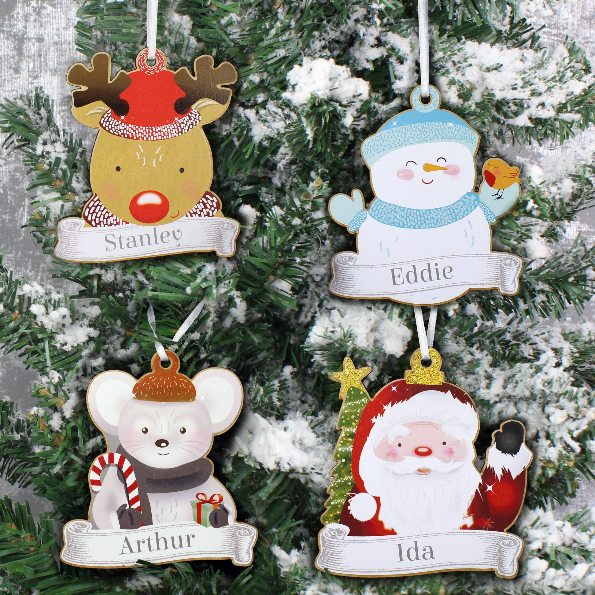 Personalised Set of Four Colourful Christmas Characters Wooden Hanging Decorations