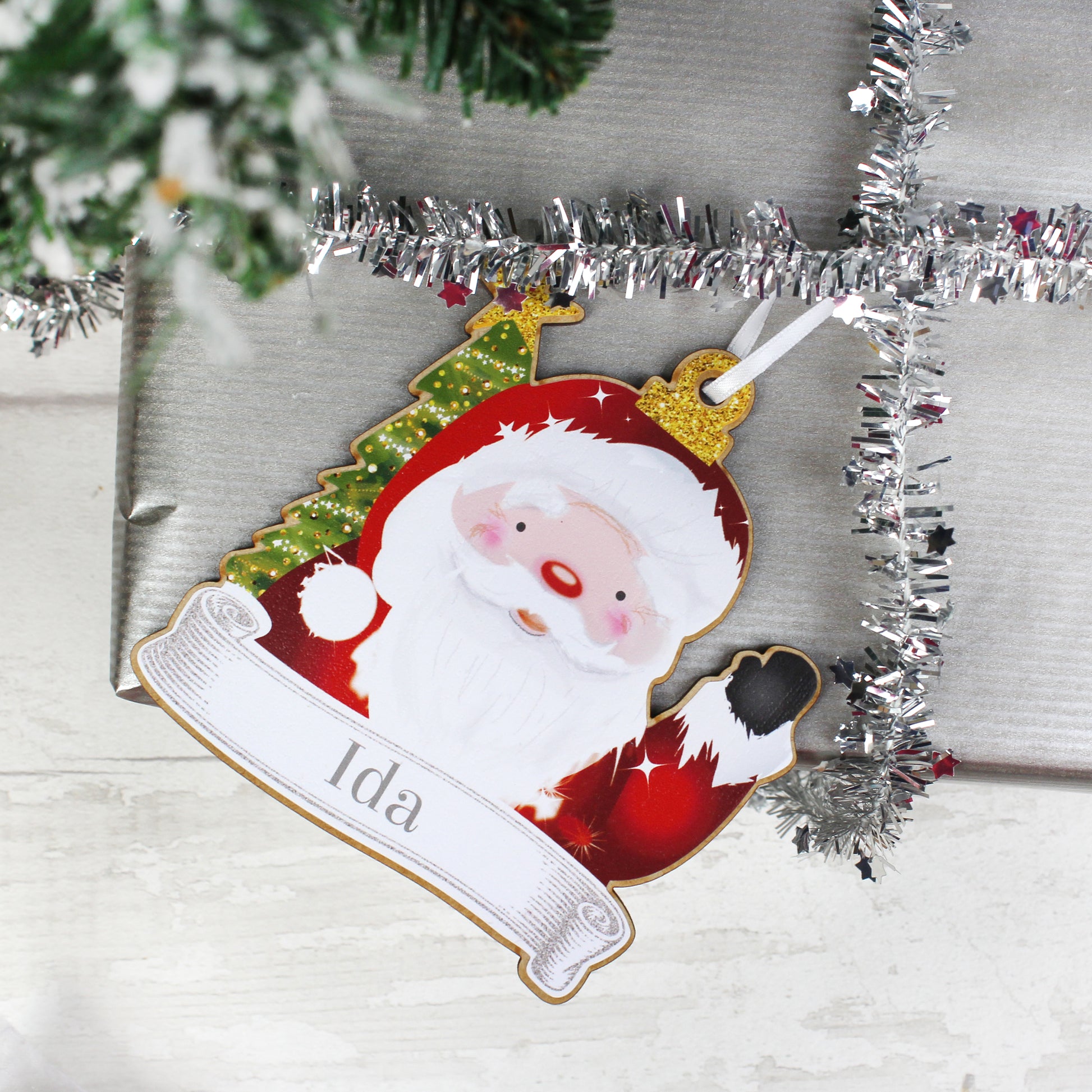 Personalised Set of Four Colourful Christmas Characters Wooden Hanging Decorations