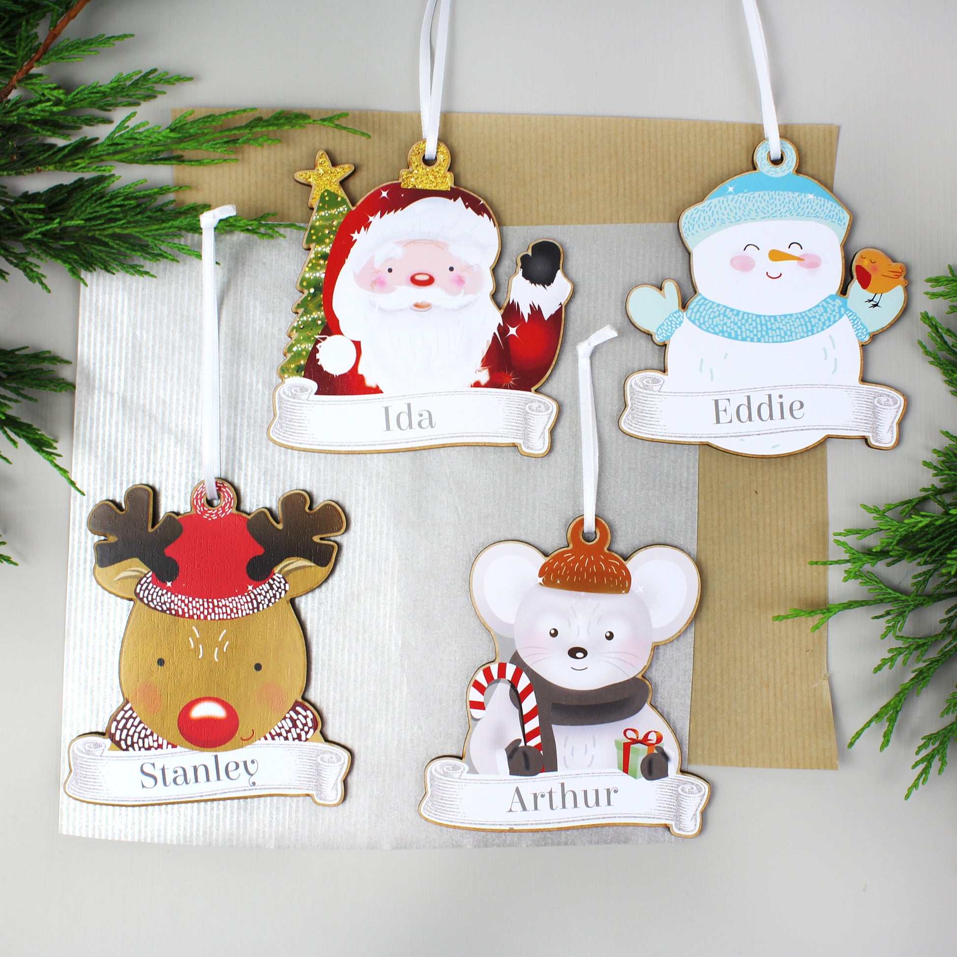 Personalised Set of Four Colourful Christmas Characters Wooden Hanging Decorations