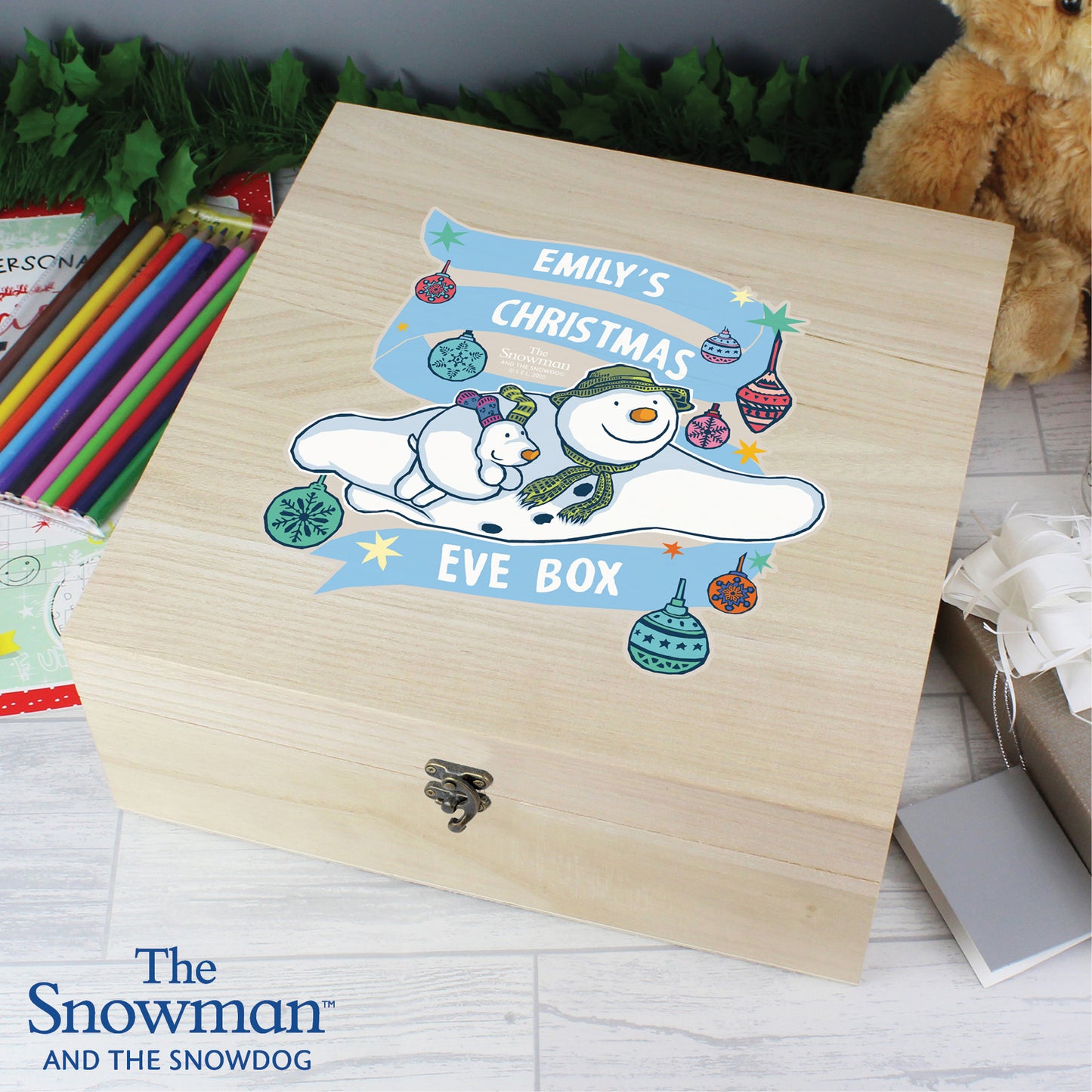 Personalised The Snowman and the Snowdog Large Wooden Christmas Eve Box