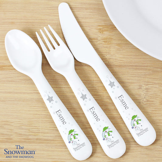 Personalised The Snowman and the Snowdog 3 Piece Plastic Cutlery Set