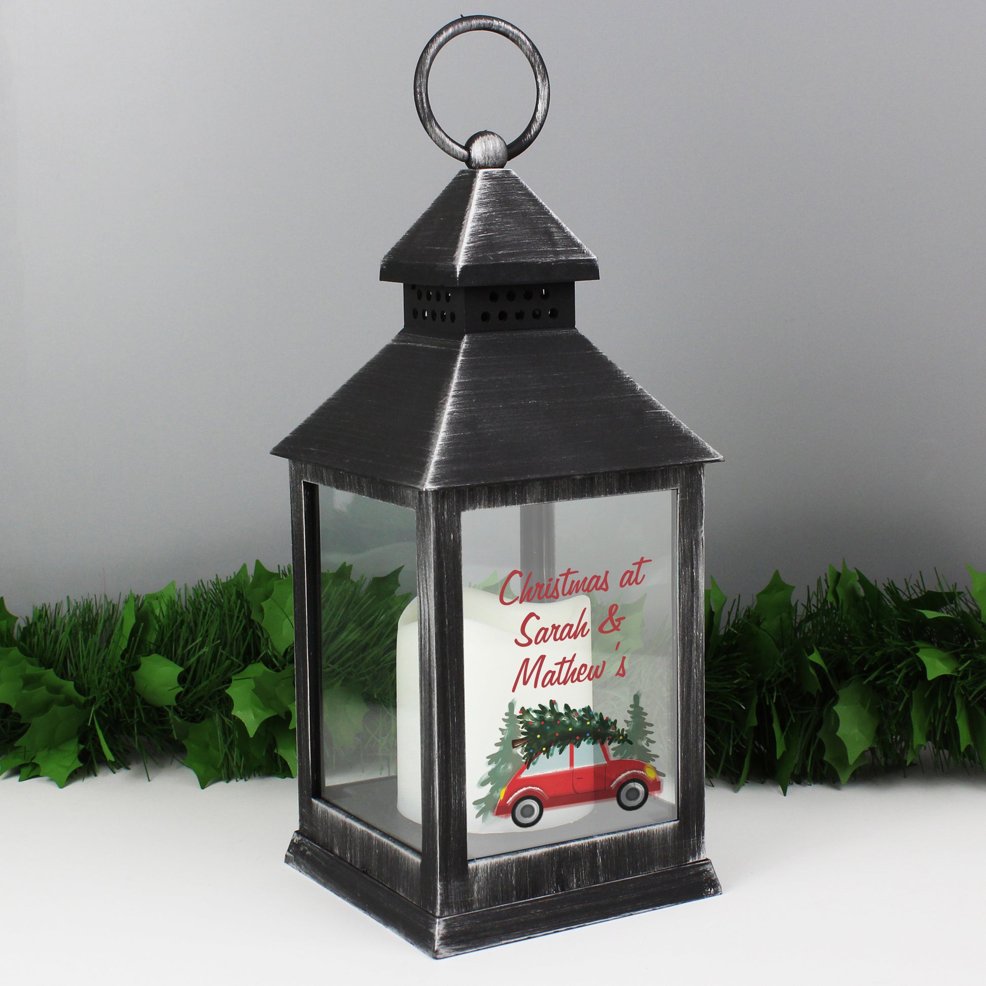 Personalised 'Driving Home For Christmas' Black Lantern